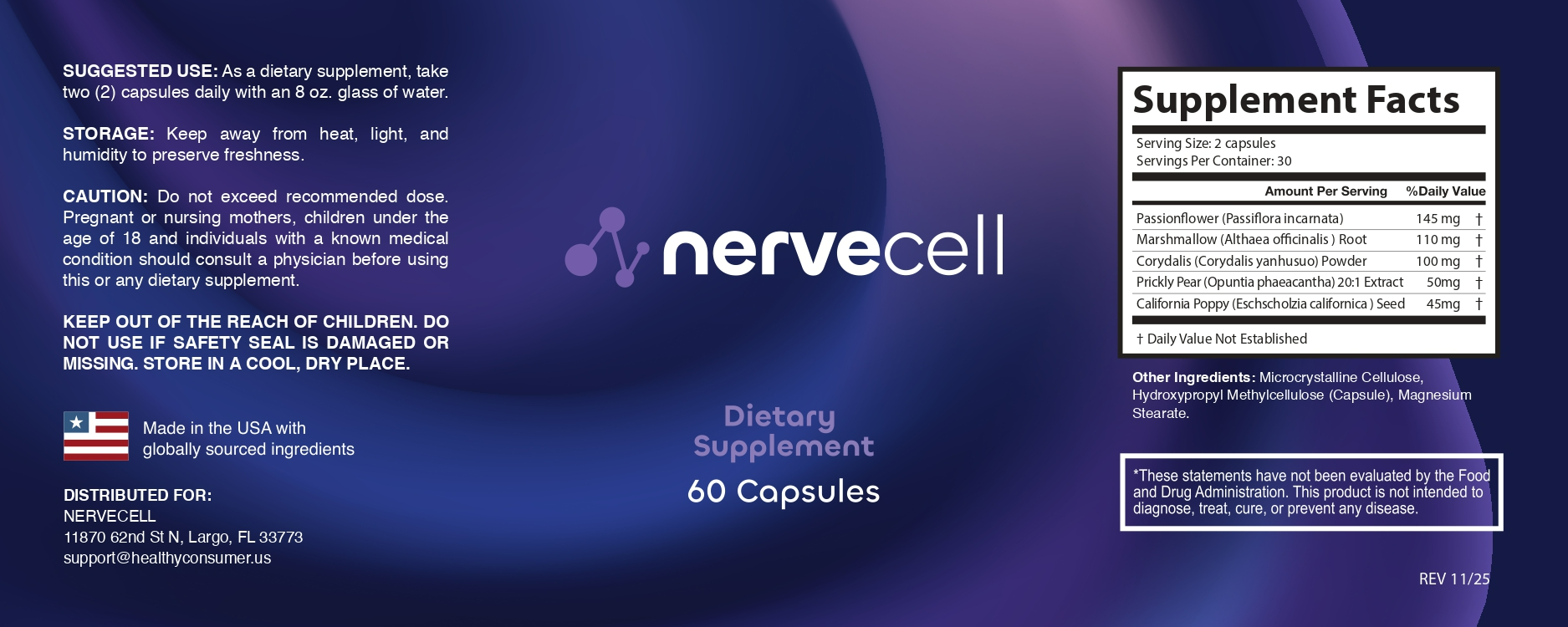 NerveCell supplement facts label showing all 5 ingredients