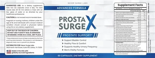 Prosta Surge X supplement facts label