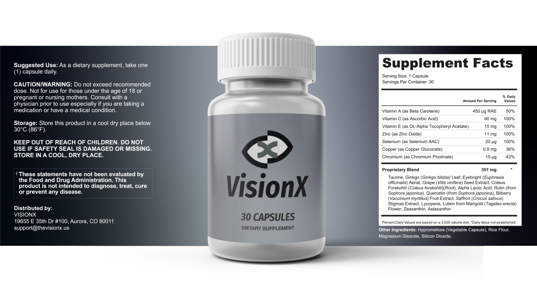 VisionX supplement facts label showing full ingredient panel